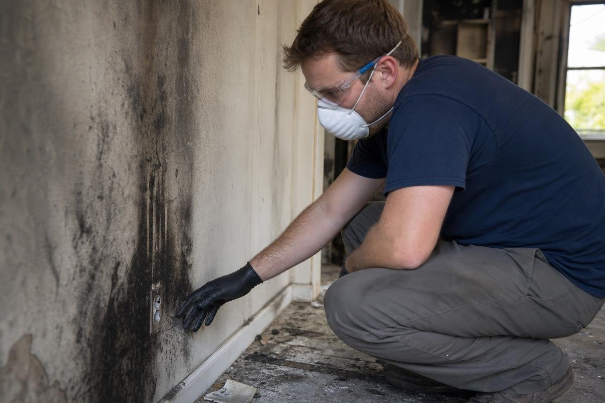technician identifying signs of smoke damage on wall during home inspection