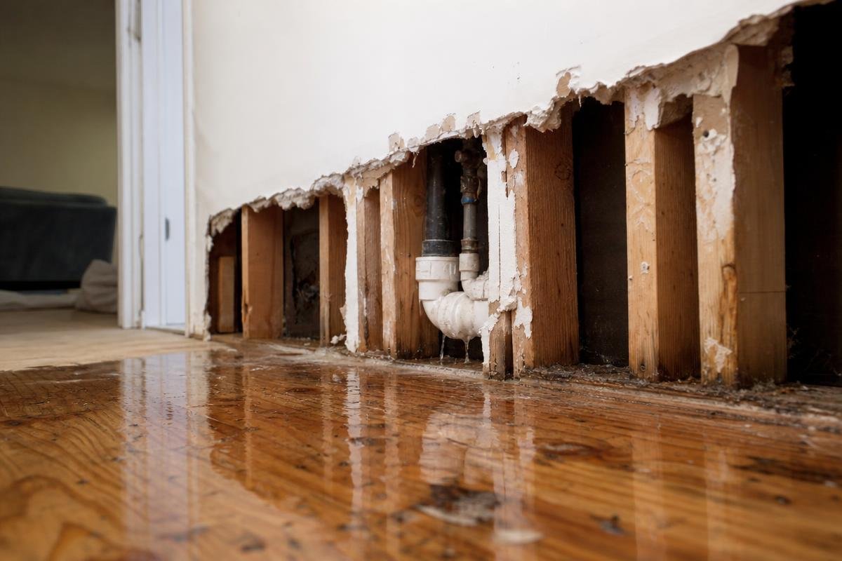 burst pipe causes water damage to subfloor in Lewisville home