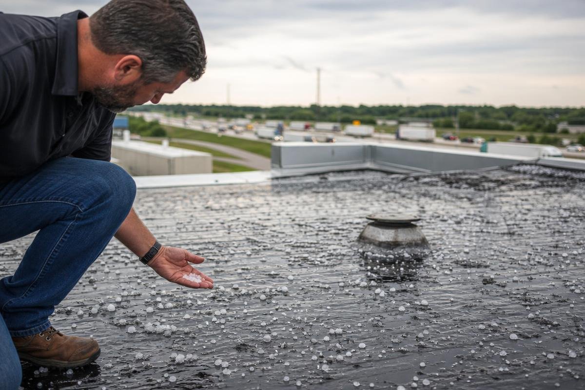 Technician inspecting a hail-covered commercial roof in Lewisville, TX