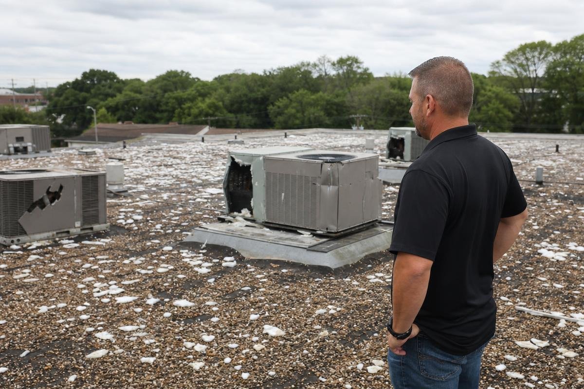 hail damage commercial roof Lewisville, TX storm damage assessment